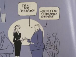 Viñeta de Ann Telnaes publicada en The New York Times: “Estoy completamente a favor de la libre expresión… a menos que la encuentre personalmente ofensiva”.