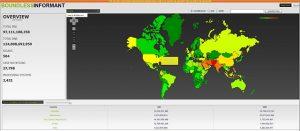 Imagen de recopilación mundial de datos de SNA. El verde indica la menor vigilancia, seguido de amarillo, naranja y rojo, el más alto. Crédito: Creative Commons