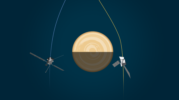 Dos naves espaciales terrestres sobrevuelan Venus, casi a la misma vez